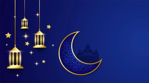 Frumos Ramadan Kareem Albastru Design Banner Aur Realist Ramadan Kareem — Vector de stoc