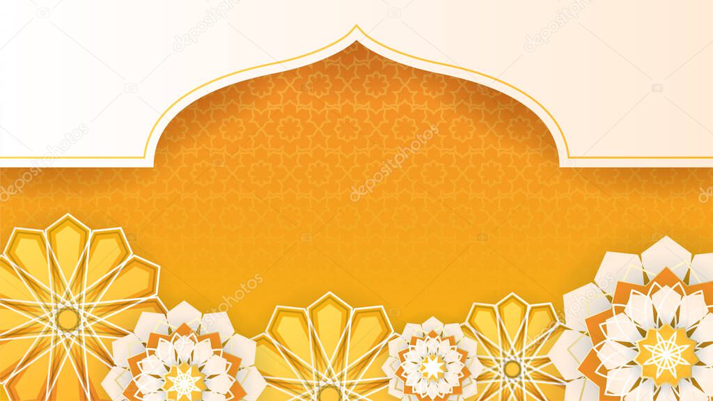 beautiful realistic mandala with hanging lantern Orange colorful Islamic design background