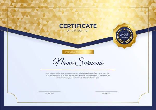 Modelo Design Certificado Azul Dourado Brilho Luxo — Vetor de Stock
