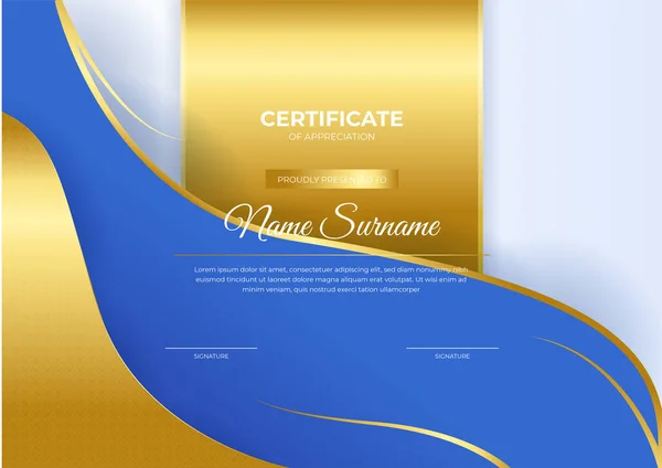 Plantilla Diseño Certificado Azul Dorado Brillo Lujo — Archivo Imágenes Vectoriales