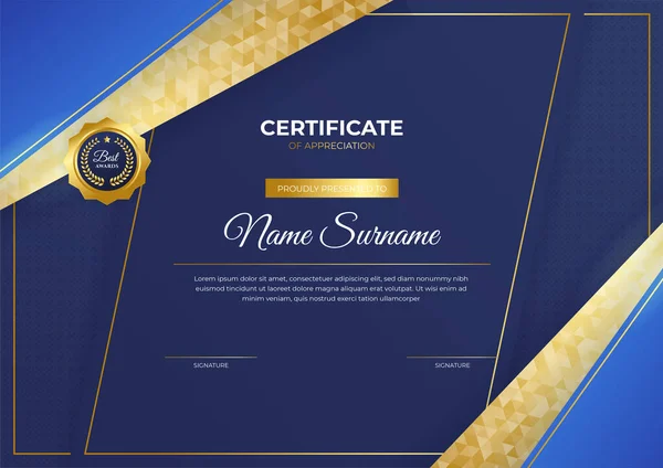 Professioneel Gouden Blauw Certificaat Ontwerp Sjabloon — Stockvector