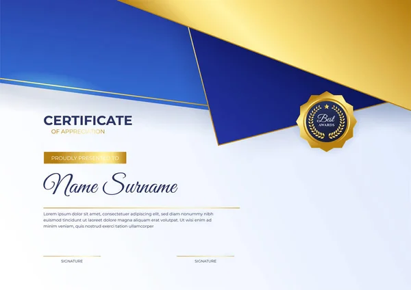 Professioneel Gouden Blauw Certificaat Ontwerp Sjabloon — Stockvector