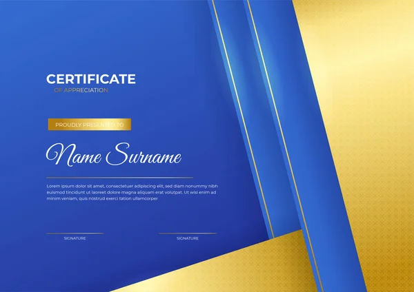 Luxe Glans Goud Blauw Certificaat Ontwerp Sjabloon — Stockvector