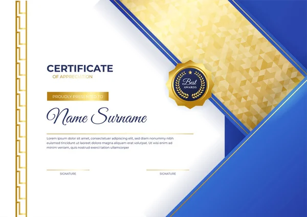 Modello Certificato Blu Dorato Professionale — Vettoriale Stock