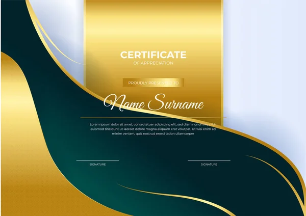 Plantilla Diseño Certificado Verde Dorado Brillo Lujo — Vector de stock