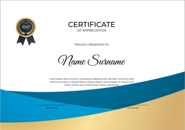Modern çalışan altın mavi sertifika tasarım şablonu