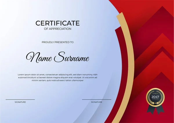 Plantilla Diseño Certificado Rojo Dorado Empleado Moderno — Vector de stock