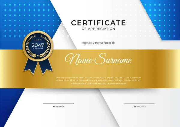 Szakmai Golden Blue Certificate Design Sablon — Stock Vector