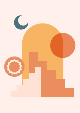 Modern minimalist soyut estetik boho poster çizimleri. Bohem tarzı duvar dekoru. Çağdaş sanatsal posterler. Modern orta çağ sanatı, boho ev dekorasyonu, duvar sanatı.