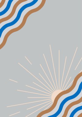 Soyut manzara çizimleri. Dağlar, güneş, ay, gün batımı, çöl, tepeler minimalist tasarım. Modern orta çağ sanatı, boho ev dekorasyonu, duvar sanatı.