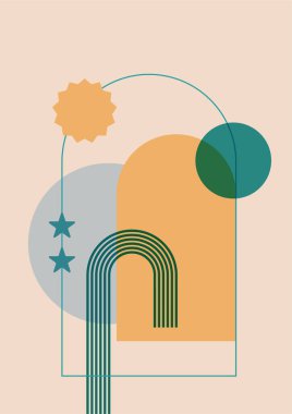 Soyut manzara çizimleri. Dağlar, güneş, ay, gün batımı, çöl, tepeler minimalist tasarım. Modern orta çağ sanatı, boho ev dekorasyonu, duvar sanatı.