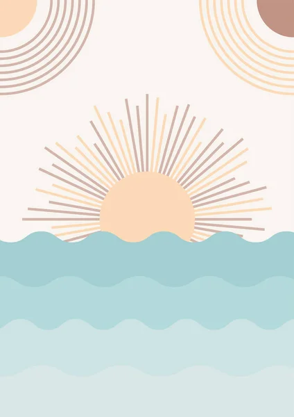 Παραλία Ηλιοβασίλεμα Τοπίο Κίτρινο Tosca Πολύχρωμο Επίπεδη Boho Γεωμετρική Ουδέτερο — Διανυσματικό Αρχείο