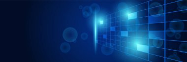 Teknoloji küresel mavi bayrak tasarım arka planı. Koyu mavi teknoloji geometrik arka plana sahip soyut 3D pankart tasarımı. Vektör illüstrasyonu