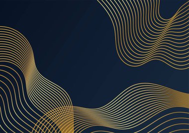 Modern lüks siyah ve altın renkli soyut bir arkaplan. Soyut dekorasyon, altın desen, üç boyutlu vektör çizimi. Siyah altın dalgalar şablonu kaplar, geometrik şekiller, modern minimal bayrak.