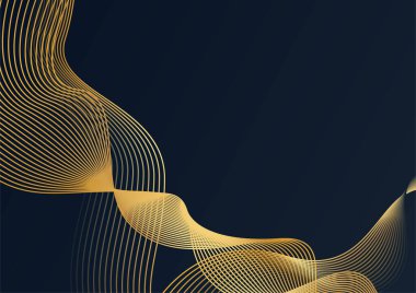 Modern lüks siyah ve altın renkli soyut bir arkaplan. Soyut dekorasyon, altın desen, üç boyutlu vektör çizimi. Siyah altın dalgalar şablonu kaplar, geometrik şekiller, modern minimal bayrak.