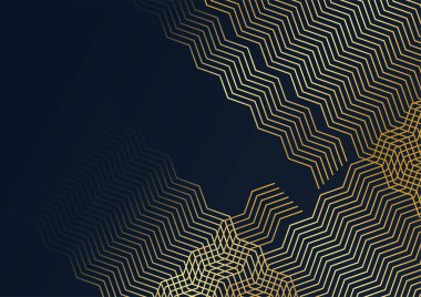 Modern lüks siyah ve altın renkli soyut bir arkaplan. Soyut dekorasyon, altın desen, üç boyutlu vektör çizimi. Siyah altın dalgalar şablonu kaplar, geometrik şekiller, modern minimal bayrak.
