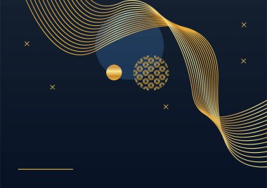 Modern lüks siyah ve altın renkli soyut bir arkaplan. Soyut dekorasyon, altın desen, üç boyutlu vektör çizimi. Siyah altın dalgalar şablonu kaplar, geometrik şekiller, modern minimal bayrak.