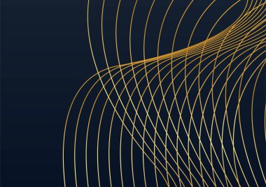 Modern lüks siyah ve altın renkli soyut bir arkaplan. Soyut dekorasyon, altın desen, üç boyutlu vektör çizimi. Siyah altın dalgalar şablonu kaplar, geometrik şekiller, modern minimal bayrak.