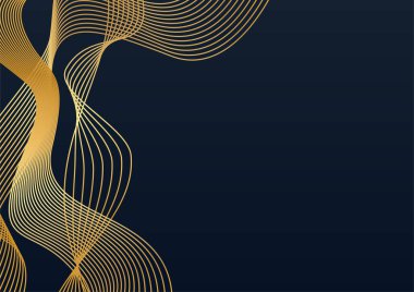 Lüks siyah altın dalga arkaplanı. Soyut dekorasyon, altın desenli vektör çizimi. Siyah ve altın dalgalar arka plan şablonu, geometrik şekiller, modern minimal bayrak.