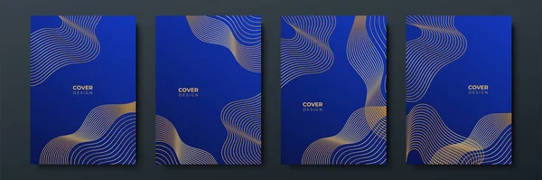 Modern Blue Gold Cover Frame Design Set Luxury Wave Pattern — Stock Vector
