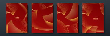 Modern kırmızı ve altın kapaklı çerçeve dizaynı. Altın çizgili lüks dalga deseni. Vektör koleksiyonu geçmişi. Kapak için arka plan, iş geçmişi, broşür, davetiye, düğün, iş kartı