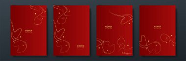 Modern kırmızı ve altın kapaklı çerçeve dizaynı. Altın çizgili lüks dalga deseni. Vektör koleksiyonu geçmişi. Kapak için arka plan, iş geçmişi, broşür, davetiye, düğün, iş kartı