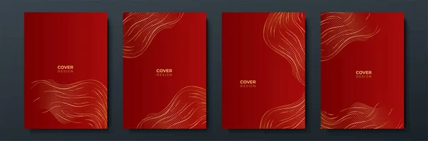 Modernes Rotes Und Goldenes Einband Designset Luxus Wellenmuster Mit Goldener — Stockvektor
