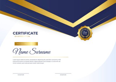 Zarif mavi ve altın sertifika şablonu altın rozet ve sınır