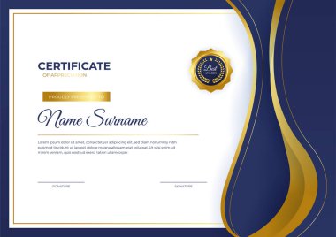 Zarif mavi ve altın sertifika şablonu altın rozet ve sınır