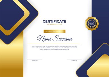 Zarif mavi ve altın sertifika şablonu altın rozet ve sınır