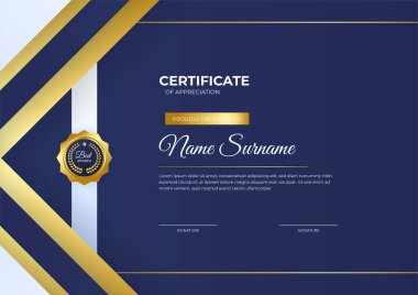 Zarif mavi ve altın sertifika şablonu altın rozet ve sınır