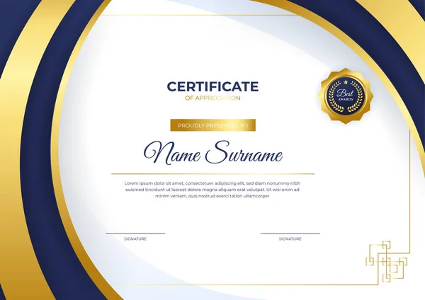 Elegant Blauw Goud Certificaat Sjabloon Met Gouden Badge Grens — Stockvector