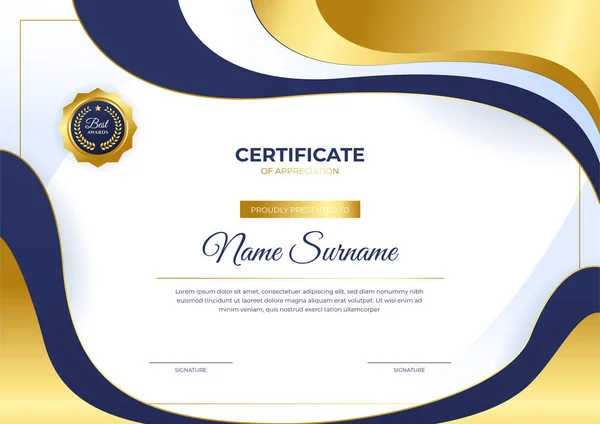 Elegant Blauw Goud Certificaat Sjabloon Met Gouden Badge Grens — Stockvector