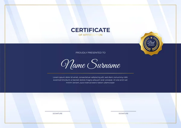 Elegant Blauw Goud Certificaat Sjabloon Met Gouden Badge Grens — Stockvector