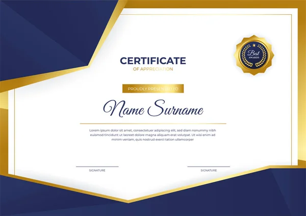 Elegante Modello Certificato Certificato Blu Oro Con Distintivo Bordo Oro — Vettoriale Stock