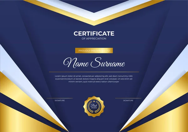 Элегантный Синий Золотой Сертификат Сертификата Шаблон Золотым Значком Границы — стоковый вектор