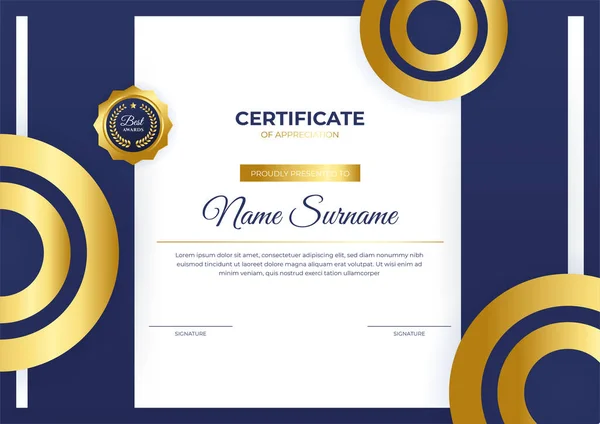 Elegante Plantilla Certificado Diploma Azul Oro Con Insignia Oro Borde — Vector de stock