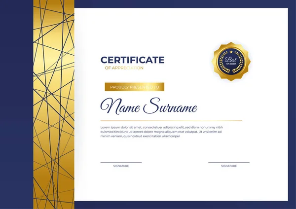 Elegante Modello Certificato Certificato Blu Oro Con Distintivo Bordo Oro — Vettoriale Stock