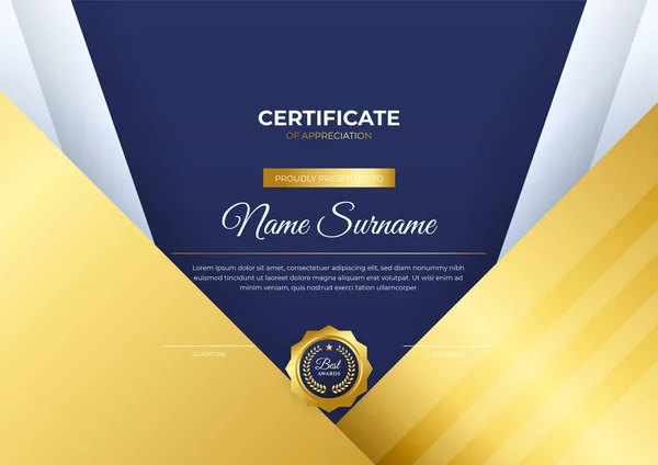 Elegante Plantilla Certificado Diploma Azul Oro Con Insignia Oro Borde — Vector de stock