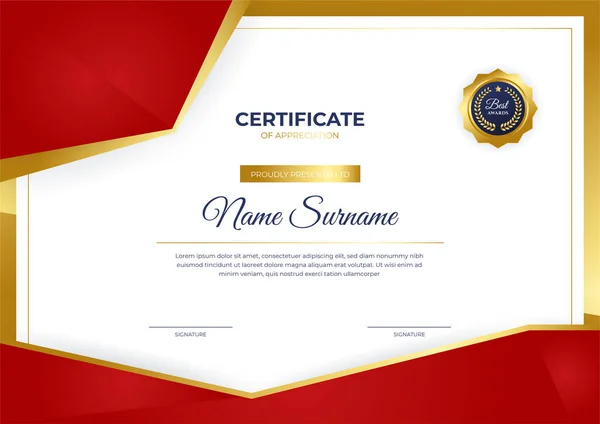 Moderno Business Modello Certificato Rosso Oro Realizzazione Con Distintivo Oro — Vettoriale Stock