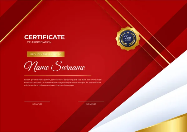 Moderno Business Modello Certificato Rosso Oro Realizzazione Con Distintivo Oro — Vettoriale Stock
