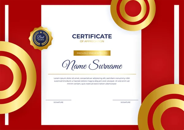 Moderno Negocio Rojo Oro Certificado Plantilla Logro Con Insignia Oro — Vector de stock