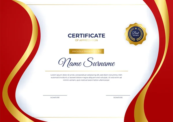 Moderno Business Modello Certificato Rosso Oro Realizzazione Con Distintivo Oro — Vettoriale Stock