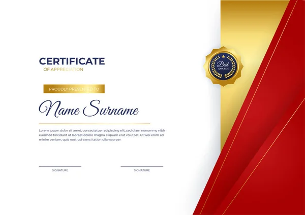 Modèle Moderne Certificat Accomplissement Affaires Rouge Avec Badge Bordure — Image vectorielle