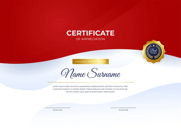 Moderno Business Modello Certificato Rosso Oro Realizzazione Con Distintivo Oro — Vettoriale Stock
