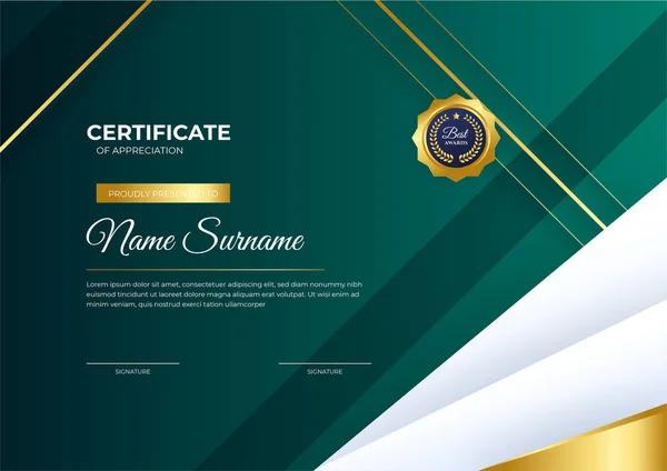 Professionele Gouden Groene Certificaat Ontwerp Sjabloon — Stockvector