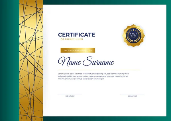 Szakmai Golden Green Certificate Design Sablon — Stock Vector