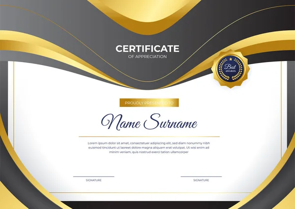 Nowoczesny Biznes Czarny Biały Złoty Certyfikat Osiągnięć Szablon Złotą Odznaką — Wektor stockowy