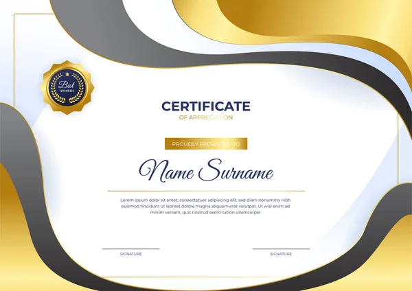 Moderno Negocio Negro Blanco Oro Certificado Plantilla Logro Con Insignia — Vector de stock