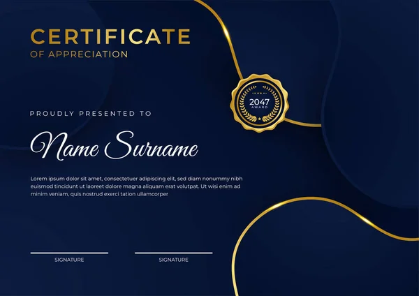 Elegant Blue Gold Diploma Certificate Template Gold Badge Border — Stock Vector